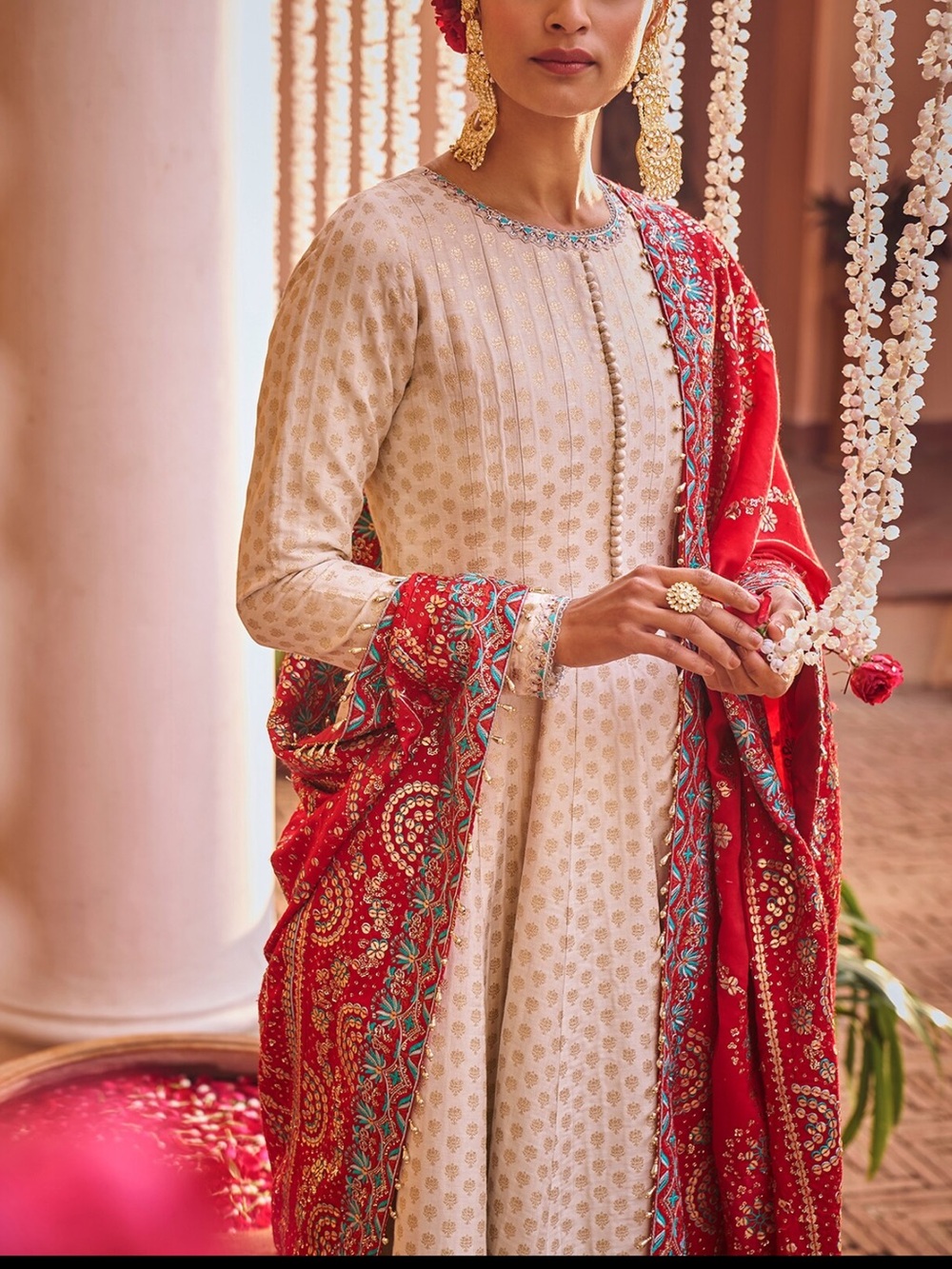 Lashkaraa elegant Zari Cream Anarkali Dress with Red Embroidered Dupatta